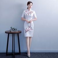 【CW】 Women Chinese Style Traditional Cheongsam Mini Dress Floral Tight Embroidery Daily Cotton Short Sleeve Tie-Dye Low Slit Skirts