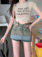 ราคาจริง ~ สาวอเมริกันย้อนยุคไขว้กลวงรุ่นใหม่เอวสูง a กระโปรงสั้นผ้ายีนส์กระโปรงสั้นสำหรับผู้หญิง