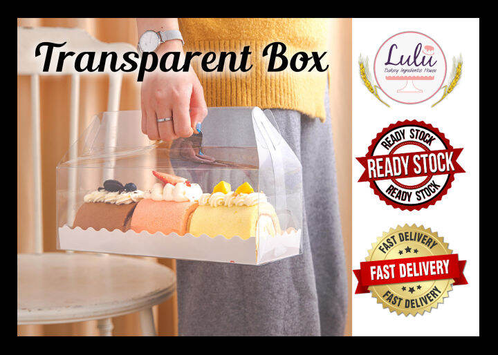 Ready Stocktransparent Cake Box Swiss Roll Box With White Tray Egg Roll Pastry Bakery Kek