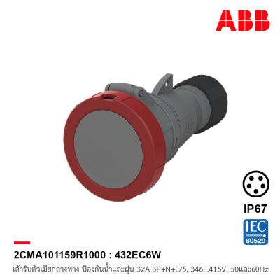 ABB 432EC6W เต้ารับตัวเมียกลางทาง Industrial Connectors, 3P+N+E/5, 32 A, 200/346 … 240/415 V ป้องกันน้ำและฝุ่นแบบ IP67 สีแดง - 2CMA101159R1000 เอบีบี