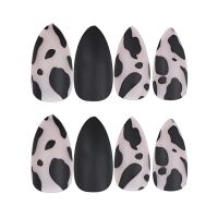 24PCS/Box Full Cover Leopard False Nail Tips Stiletto Black Matte Fake Nails With Glue Girls Women Fashion Nails Art Decor