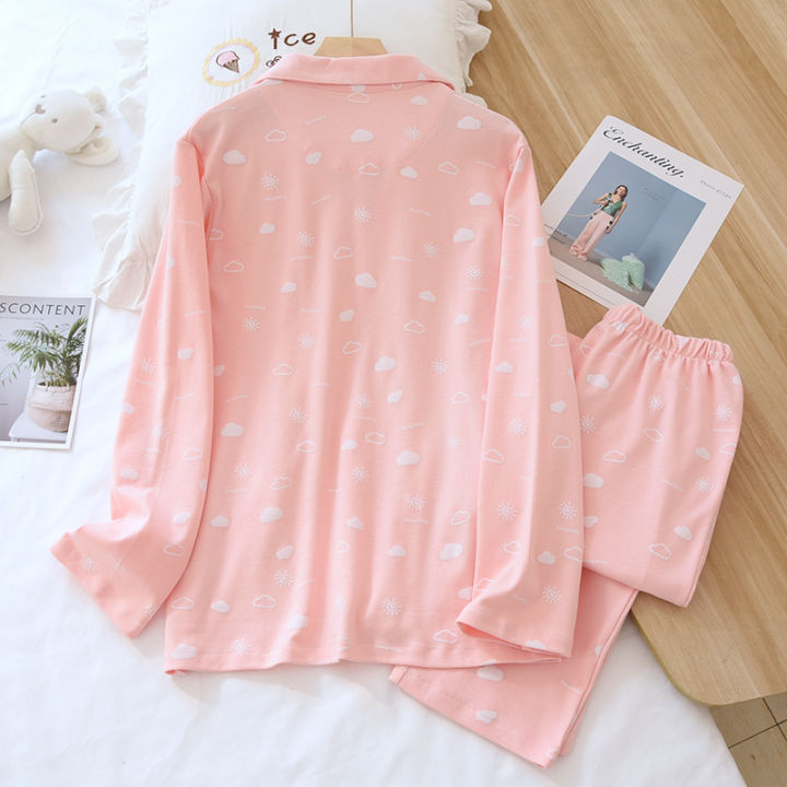 cloud-printing-women-knitted-cotton-pajamas-set-for-spring-and-autumn-newest-long-sleeved-trousers-breathable-pyjamas-women