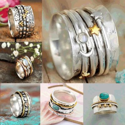 Vintage Anti Stress Spinner Rings for Women Sun Moon Star Anxiety Rotatable Ring Female Massive Jewelry Gifts Dropshipping