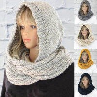 Feng Qi shopEuropean and American Fashion Hooded Scarf Womens Pure Color Woolen Cap Scarf Knitted Trend Scarf