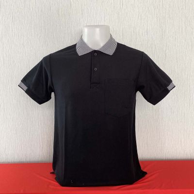 เสื้อเชิ๊ตแขนสั้น polo shirt แบบชาย สีดำคอลายขาวดำ เนื้อผ้านุ่ม สวมใส่สบาย มีบริการส่งแบบเก็บเงินปลายทาง