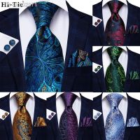 ℡∈ Hi-Tie Peacock Blue Novelty Design Silk Wedding Tie For Men Hanky Cufflinks Gift Mens Necktie Set Business Party Dropshipping