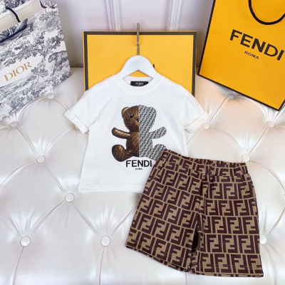 Fendi∮ Unisex Kids Summer Outfit Boys Girls Tracksuit Cotton T-Shirt And Shorts Two Piece Black/white/color