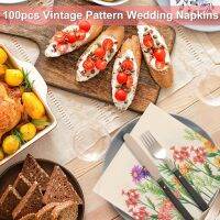 100Pcs Flower Paper Napkins 2-Layer Retro Floral Guest Napkin Reusable Blossom Plant Hand Towel Decorative Party Dessert Dinner