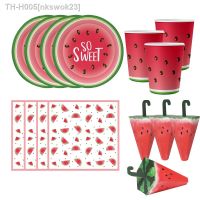 ♠☑¤ 1set Watermelon Disposable Tableware Paper Cups Banners Cake Toppers for Kids Watermelon Birthday Party Decoration Supply