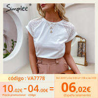 Simplee Casual solid Lace stitching cotton women T-shirt summer Hollow out sleeves o-neck female tops leisure Basic T-shirt new