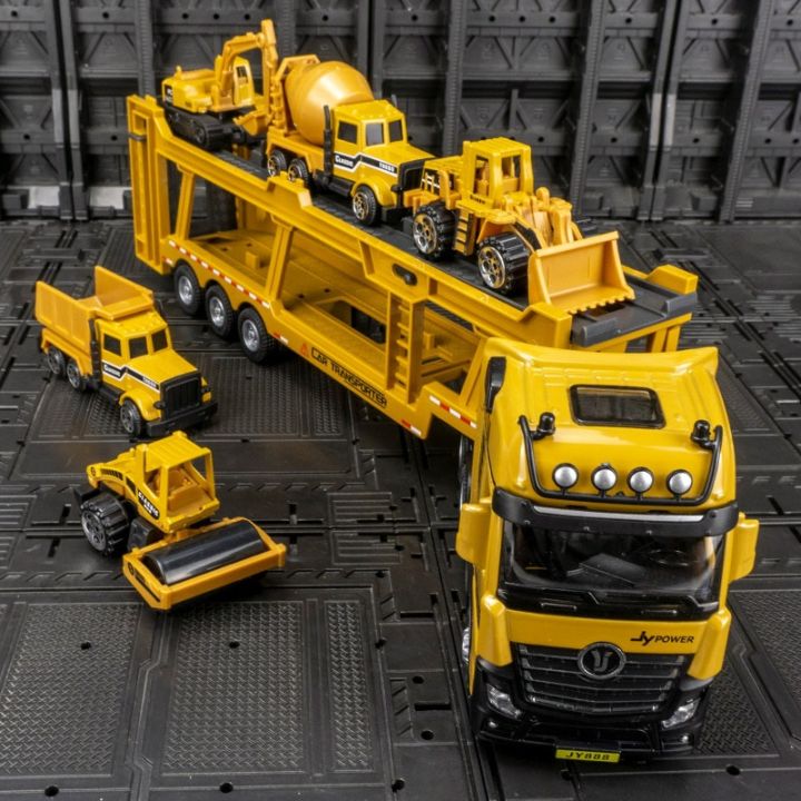 car-model-alloy-engineering-transport-vehicle-simulation-double-decker-trailer-truck-contain-bulldozer-dump-truck-mixer-roller