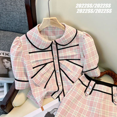 [2ชิ้น] Coconie French Sweet Short Sleeve Suit Women New Korean Style Polo Collar Bow Top + Design High Waist Shorts Two Piece Set