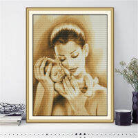 HUACAN Cross Stitch Embroidery Mother And Son Portrait Needlework Sets For Full Kits White Canvas DIY Figure Home Decor 14CT