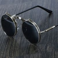 【lz】✌  Óculos de sol retro flip para homens e mulheres óculos de sol estilo steampunk lente transparente circular dupla óculos masculinos femininos