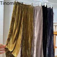 【CW】 Tinomiswa Wide Leg Pants Waist Color Pleated Gold Trousers All match Pantalones