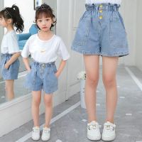 Celana Pendek Denim สำหรับเด็กผู้หญิงเด็กน้อย2022ฤดูร้อนใหม่เอวสูงยืดกางเกงขาสั้นแฟชั่นลำลองหลวมคาวบอยสั้นสำหรับเด็กผู้หญิงเด็กน้อยใหญ่