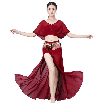 【cw】 belly dance training suit performance clothes female practice costumes top and set sequins dress