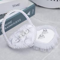 Wedding Ring Basket Flower Decor Rhinestone Solid Color Heart Shape Mesh Hold Ring Lace Fabric Bow-knot Ring Holder