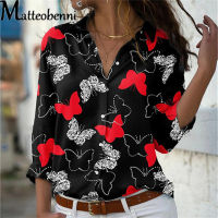 Long Sleeve Women Butterfly Print Blouses 2021 Autumn Plus Size Turn-Down Collar Blouse Shirt Casual Tops Elegant Chiffon Shirt