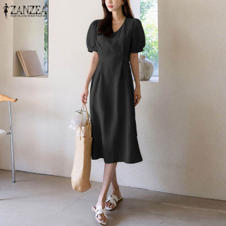 สินค้ามาใหม่-จัดส่งฟรี-fancystyle-zanzea-ชุดซันเดรสทรงเอไลน์หลวมสำหรับวันหยุดชุดคอตัว-o-แขนพองสั้นสไตล์เกาหลีของผู้หญิง-10