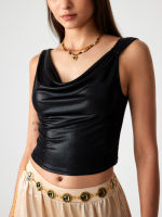 Cider Cowl Neck Asymmetrical Collarless Solid Crop Top