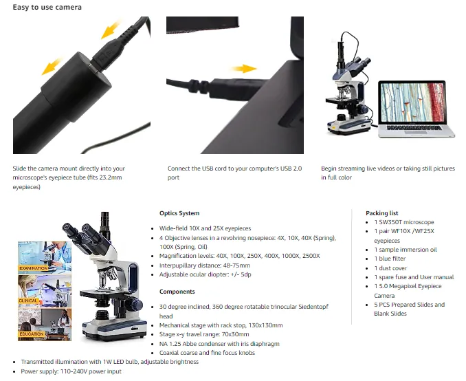 Swift SW 350T Compound Trinocular Microscope，40X-2500X