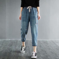 【มีไซส์ใหญ่】Women Summer Cropped Jeans Casual Embroidery Vintage 3/4 Denim Pants