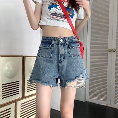 2023 Summer New Denim Shorts Womens Washed Distressed High Waist Slimming Hot Girl Ripped Frayed Edges A- Line Hot Pants Tide
