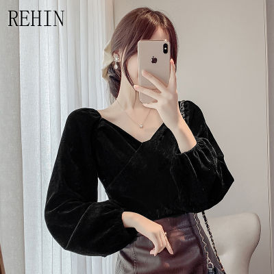 REHIN เสื้อแขนยาวคอวีแฟชั่นใหม่สำหรับผู้หญิง,เสื้อครอสโอเวอร์ทรงสั้นเข้ารูปดีไซน์หรูหราฤดูร้อน