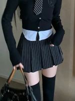 HOUZHOU Preppy Style Striped Pleated Skirt Women Vintage Sexy Cute Korean Fashion High Waist A-line Black Mini Skirts Y2K 2000s