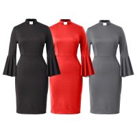 【YF】 Women Clergy Tab Collar Dress Black Mass Retro Bodycon Knee-Length Work Pencil