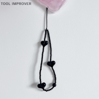 TOOL IMPROVER สายคล้องโทรศัพท์รูปหัวใจสีดำแบบเกาหลีมีสายคล้องข้อมือทำจากอะคริลิคสายคล้องข้อมือมีประโยชน์เครื่องประดับสำหรับ Y2K