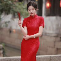 2023ใหม่สีแดงลูกไม้ Cheongsam ชุดราตรี Slim ผู้หญิงชุดยาวงานแต่งงานเครื่องแต่งกาย Vintage ปรับปรุง Qipao S To 3XL