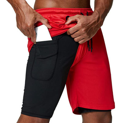 Men shorts quick-drying casual fitness sports shorts double-layer anti-glare knee length pants drawstring men board shorts