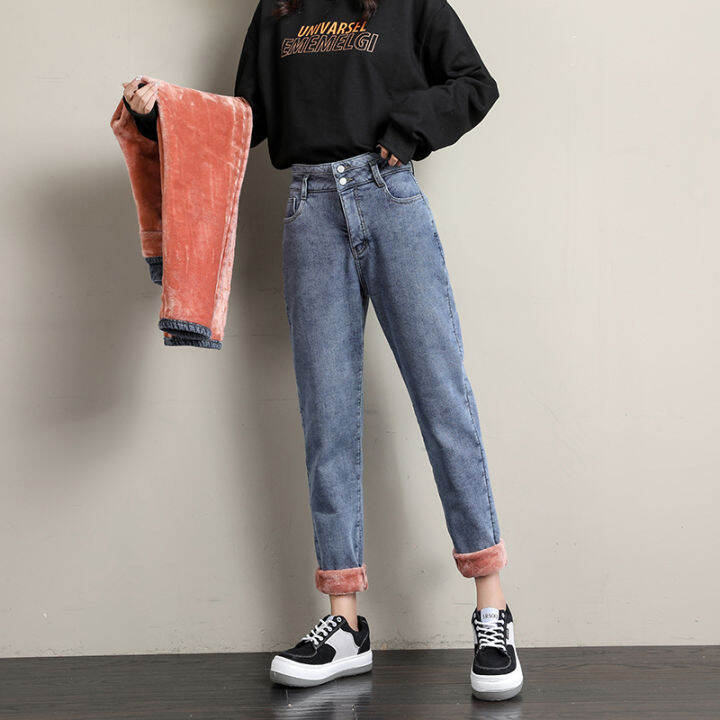 2021new-winter-women-fleece-jeans-high-waist-plus-velvet-thickening-keep-warm-loose-harlan-pants-female-denim-trousers