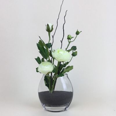 [สุดปัง]  แจกันดอกไม้ประดิษฐ์ ดอกรานันคูลัสจัดในแจกันแก้ว ดอกไม้ปลอมพร้อมแจกัน[รหัส]2515