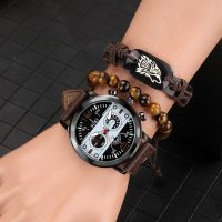 2021 Men High Quality Quartz Watch Suit Retro Black Bracelet Leather/Stainless Steel Strap Wristwatch Gifts Sets for Dad Husband