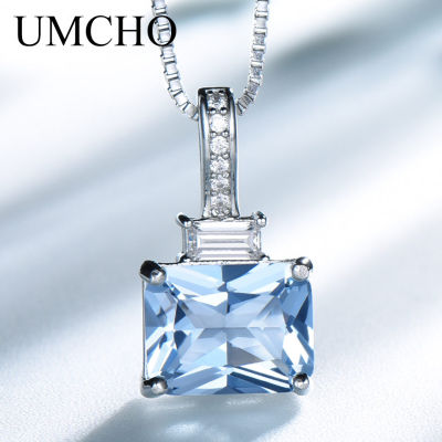 UMCHO Rectangle Nano Sky Blue Topaz Necklace Genuine 925 Sterling Silver Pendants Necklaces for Women Gemstone Jewelry