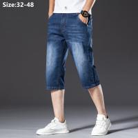 Men Long Denim Shorts Summer Cropped Trousers Knee Length Plus Size 48 46 44 42 Thin Oversized Male Fit Big Blue Middle Jeans