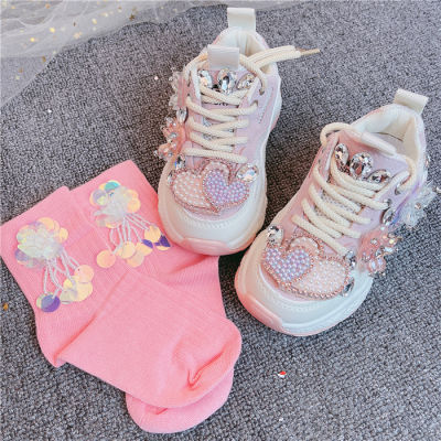 New Autumn Kids Heart Sport Sneakers Baby Girls Mesh Brand Shoes Children Rhinestone Casual Sneakers Chunky Sneakers Trainers