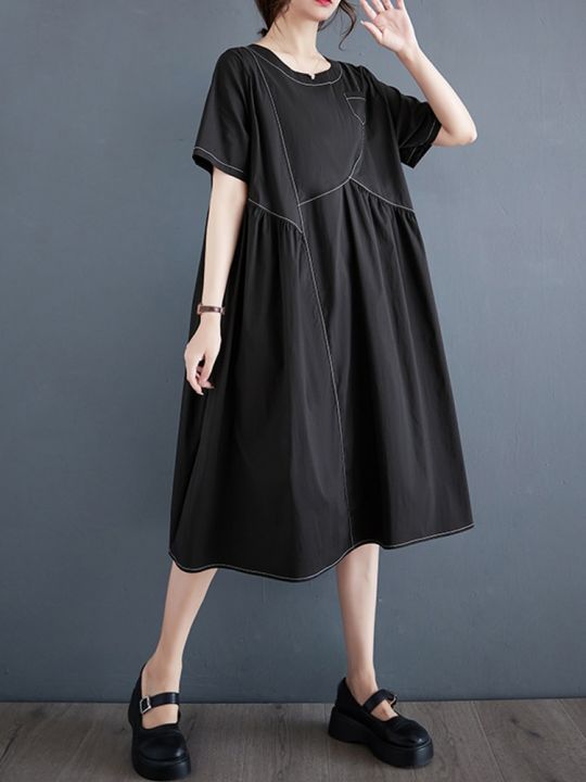 xitao-dress-patchwork-women-loose-short-sleeve-dress