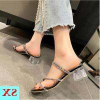 COD DSGRTYRTUTYIY Zhu Fairy Style High Heels Women Thick Heel Temperament Two-Wear Sandals Student All-Match Rhinestone Mid-Heel Roman