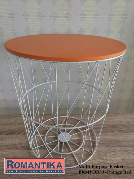 Multi Purpose Metal Wire Basket Wooden Top Side Table Storage Loft