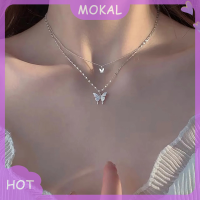 MOKA01 สร้อยคอแฟชั่นรูปผีเสื้อแวววาวสำหรับผู้หญิงสร้อยคอสองชั้นสุดสวยสร้อยคอสุดเท่สำหรับเป็นของขวัญเครื่องประดับสำหรับผู้หญิง