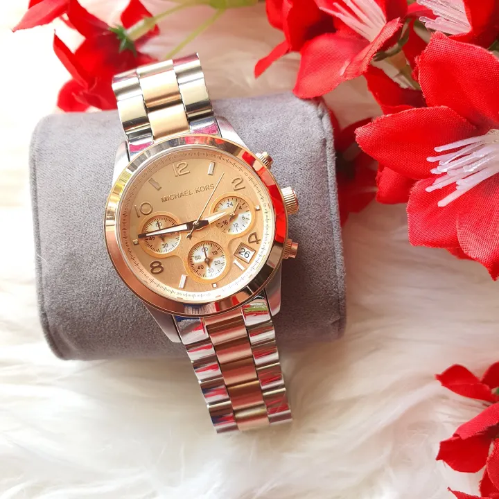 Original Michael Kors Ladies Runway Chronograph Silver Rose Gold Two