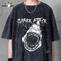 Shark Attack Washed T-shirt Men Women Gothic Tees Summer 2021 Harajuku Streetwear Loose Short Sleeve Oversized T-shirt