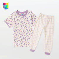 KiddeeCrew  ชุดนอนเด็กครีมม่วงหยดน้ำ+กางเกงตาราง Cream purple pajamas grid pants เหมาะสำหรับเด็ก 2-12 ปี