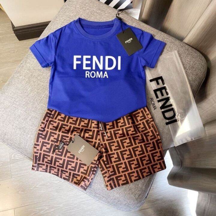 fendi-ใหม่ฤดูร้อนสบายๆสองชิ้นเด็กชายและเด็กหญิงผ้าฝ้ายกางเกงขาสั้นแขนสั้น