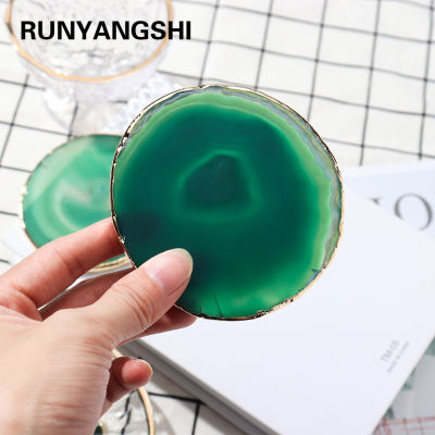 Natural Crystal Green agate coaster Round gold-plated trim wafer insulated coasters Polished Slices Home Decoration