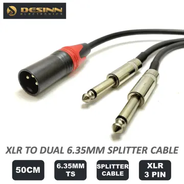 50cm Twin 6.35mm MONO 1/4 Jack to 2 RCA PHONO Male Plugs Audio Cable 0.5m